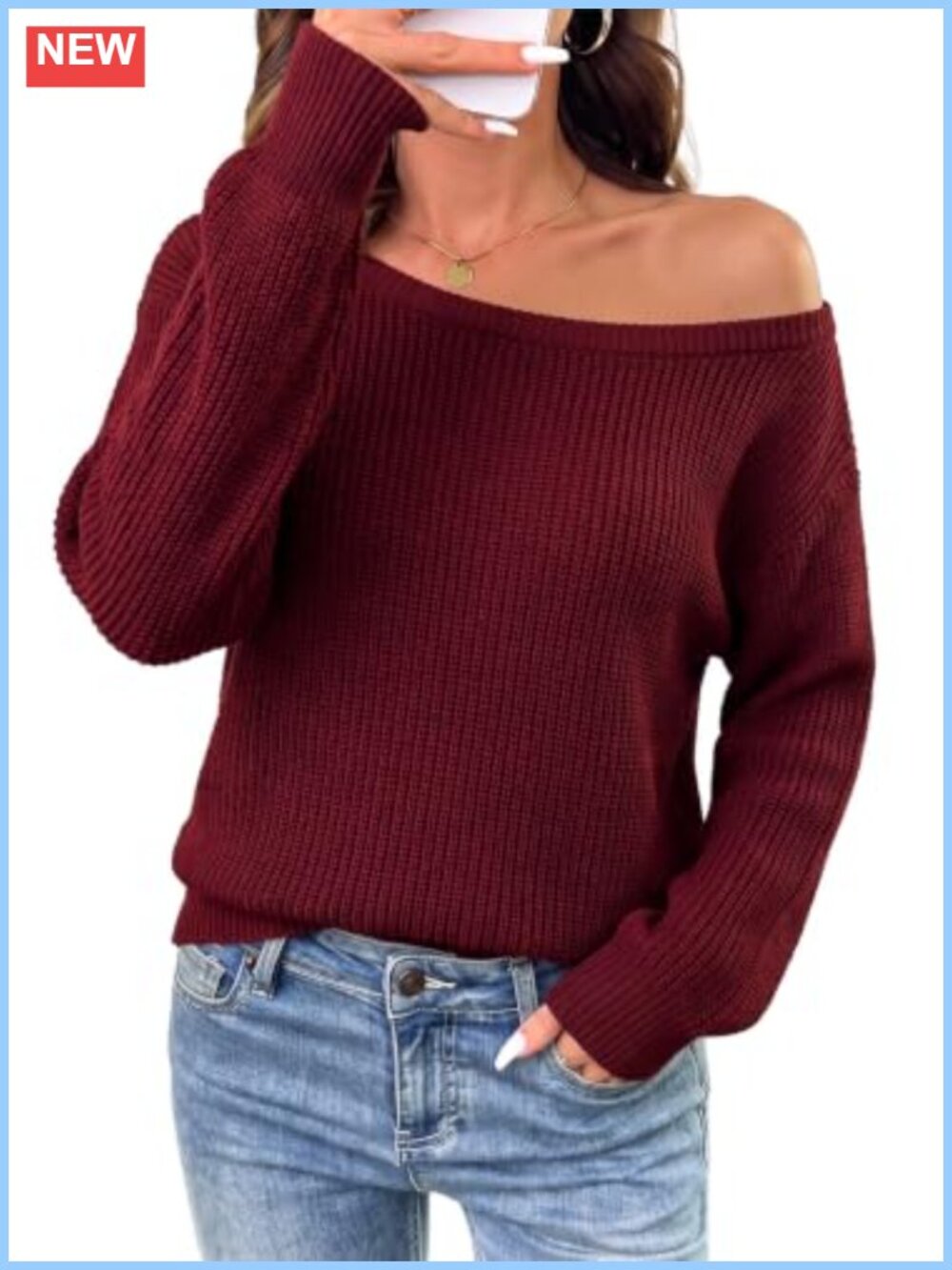 Off Shoulder Oversized Rib Knit Pullover Sweater Loose Fit Long Sleeve